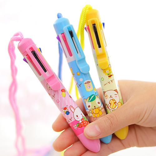 日韩国创意可爱卡通多色圆珠笔 按动笔彩色个性油笔文具6色笔批发